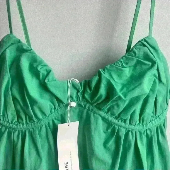 ZARA Mini Babydoll Dress Green Spaghetti Straps Cup Cotton Ruched Short Size L - Picture 13 of 13